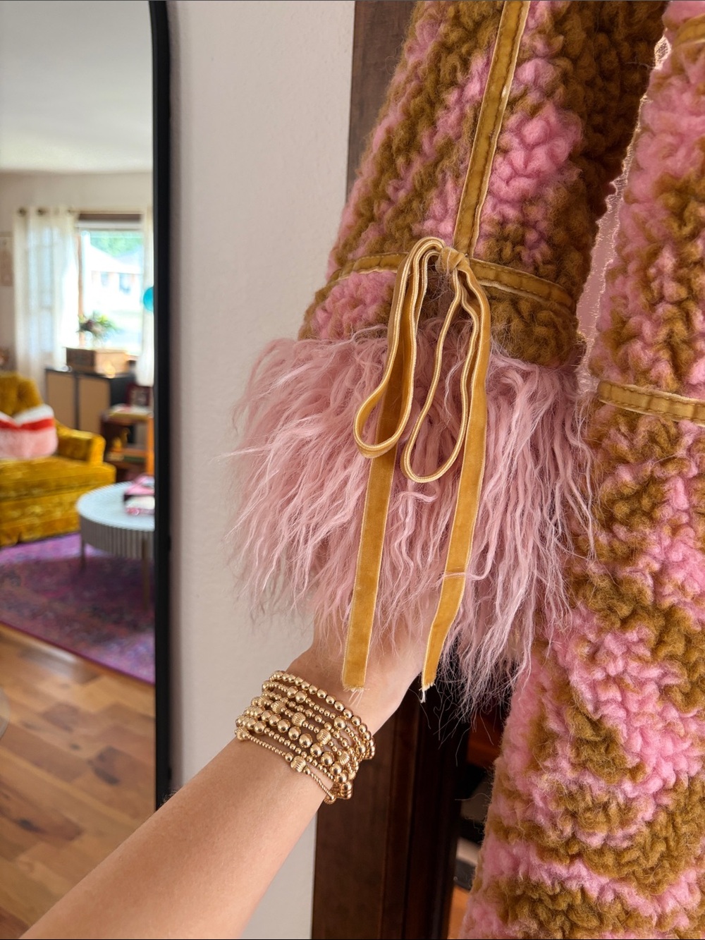 Free People Pink & Olive Floral Faux Fur Coat - Picture 9 of 9